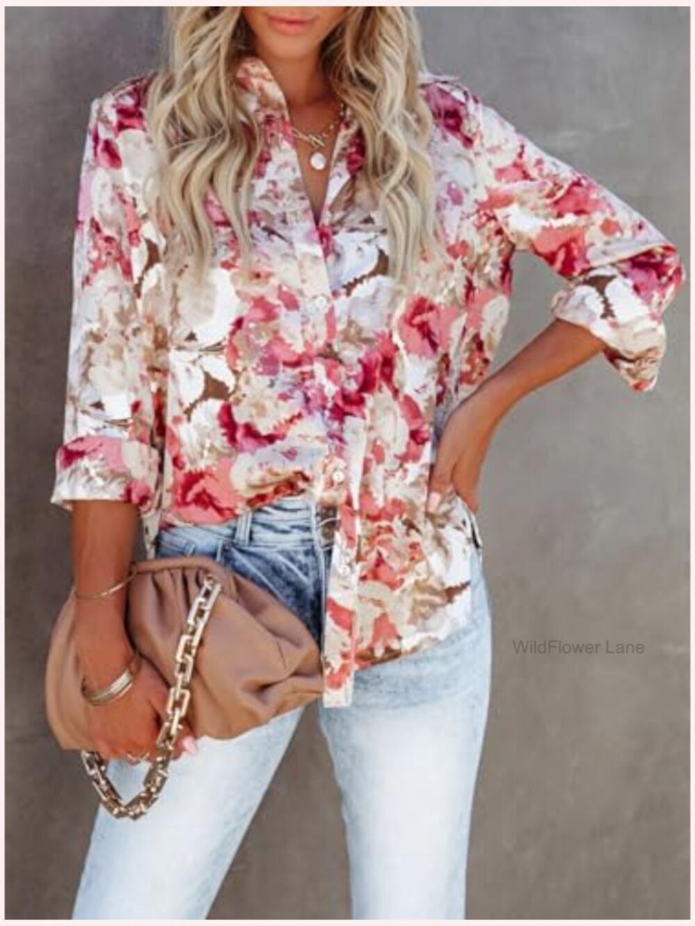 Womens Long Sleeve Button Down Wrinkle-Free Dressy Casual Blouse Floral Print - Picture 4 of 7